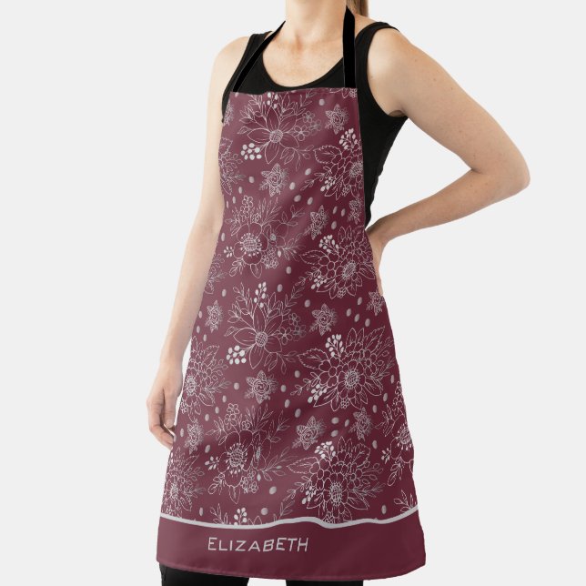 Floral seamless pattern burgundy personalized name apron (Insitu)