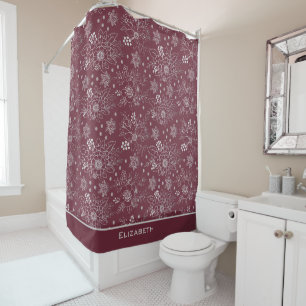 Floral seamless pattern burgundy personalized name shower curtain
