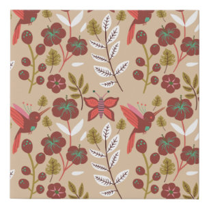 Floral seamless pattern flowers, birds, butterfly faux canvas print