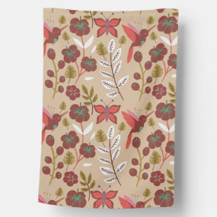 Floral seamless pattern flowers, birds, butterfly house flag