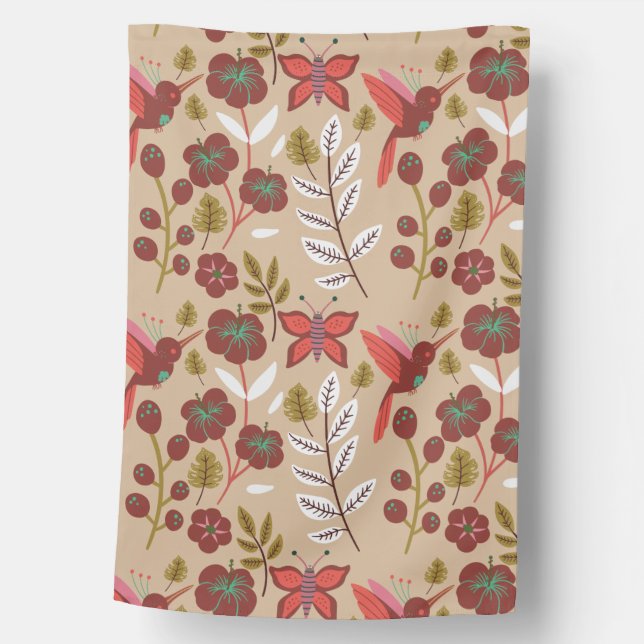 Floral seamless pattern flowers, birds, butterfly house flag (Front)