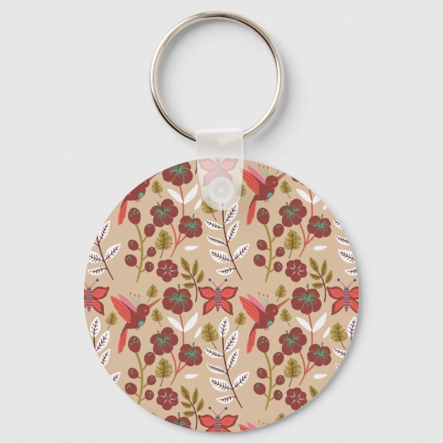 Floral seamless pattern flowers, birds, butterfly keychain (Front)