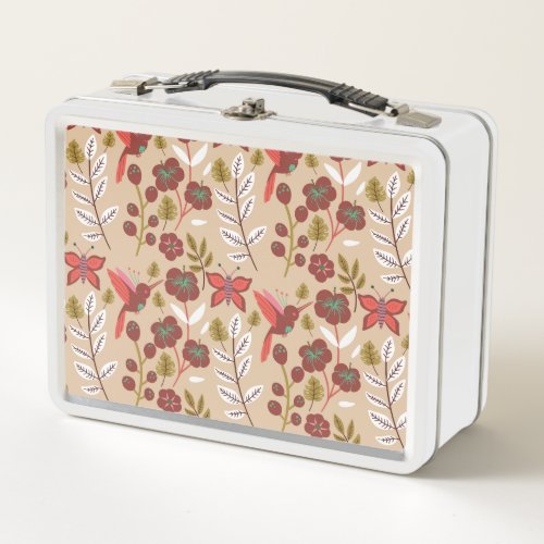 Floral seamless pattern flowers birds butterfly metal lunch box