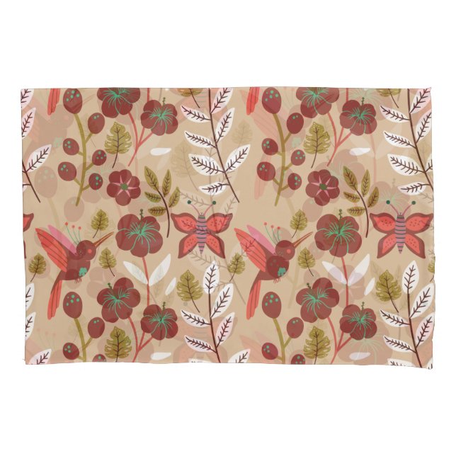 Floral seamless pattern flowers, birds, butterfly pillow case (Front-Left)