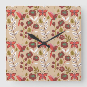 Floral seamless pattern flowers, birds, butterfly square wall clock
