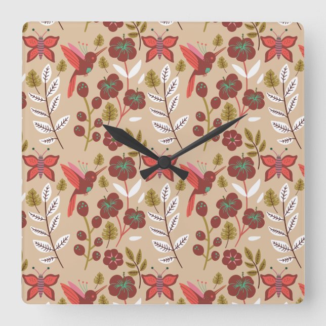 Floral seamless pattern flowers, birds, butterfly square wall clock (Front)