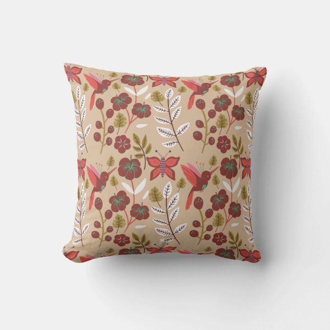 Floral seamless pattern flowers, birds, butterfly throw pillow (Front)