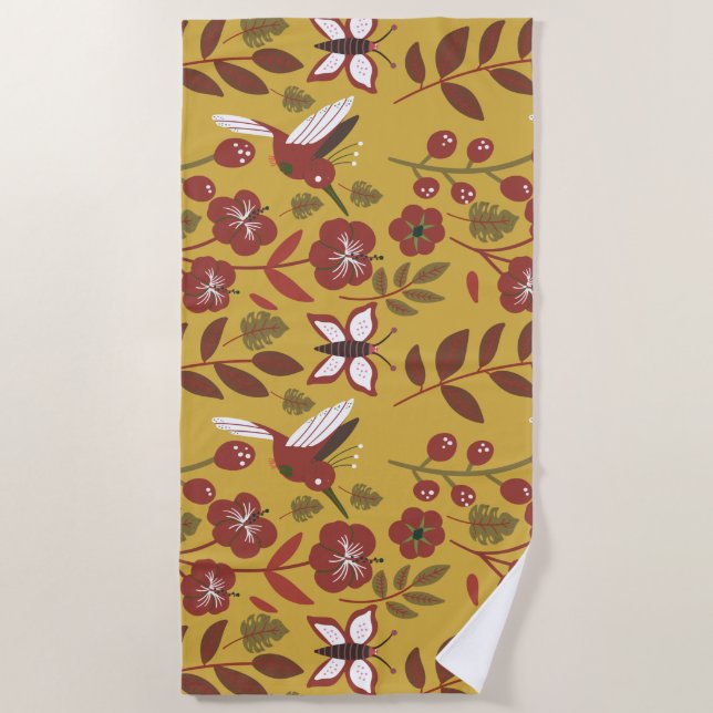 Floral seamless pattern flowers, butterfly, red beach towel (Front)