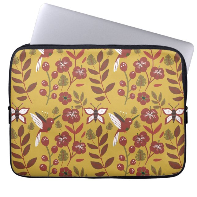 Floral seamless pattern flowers, butterfly, red laptop sleeve (Front)