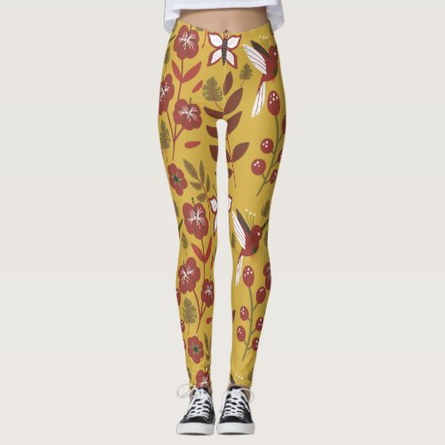 Floral seamless pattern flowers butterfly red leggings