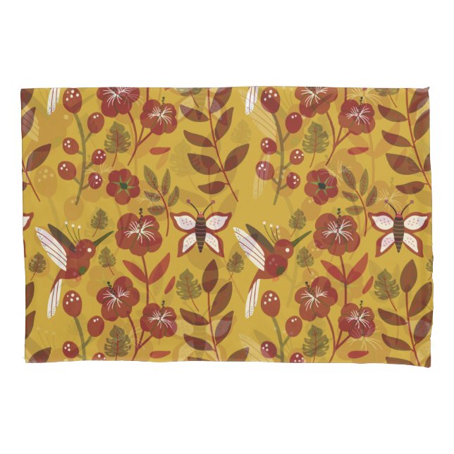 Floral seamless pattern flowers, butterfly, red pillow case (Front-Left)