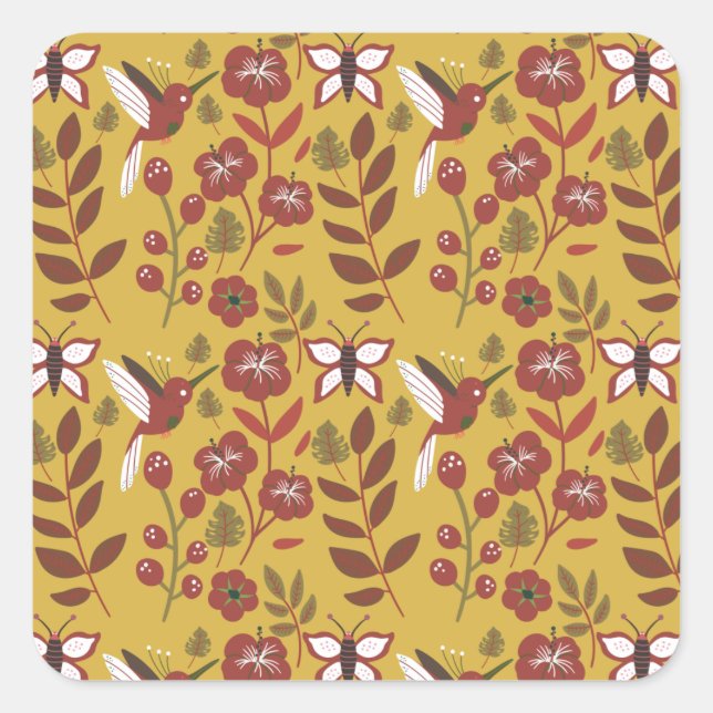 Floral seamless pattern flowers, butterfly, red square sticker (Front)