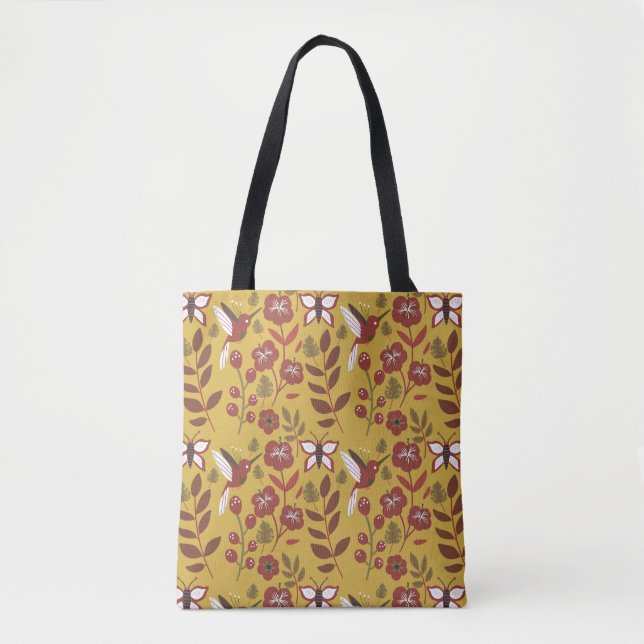 Floral seamless pattern flowers, butterfly, red tote bag (Front)