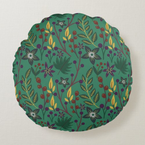 Floral seamless pattern flowers green background round pillow