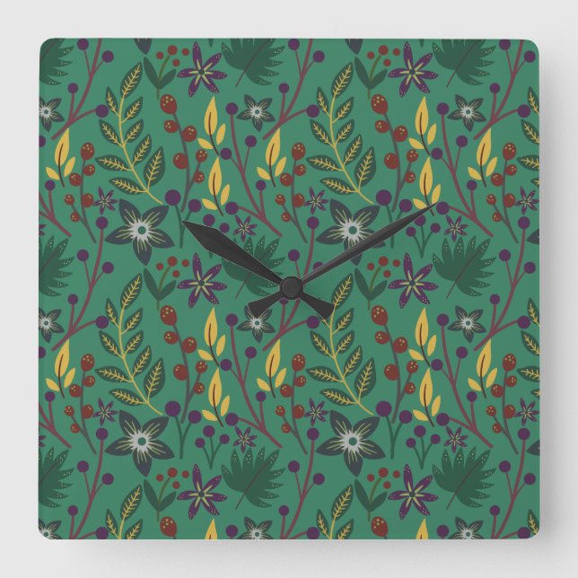 Floral seamless pattern flowers green background square wall clock (Front)