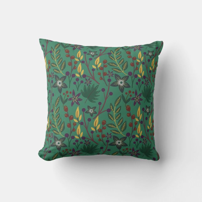 Floral seamless pattern flowers green background throw pillow (Front)