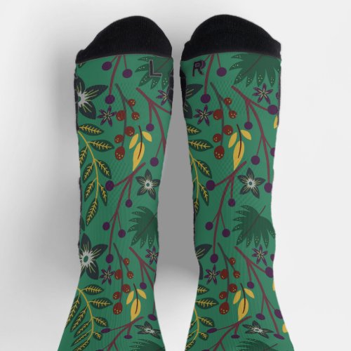 Floral seamless pattern flowers green background w socks