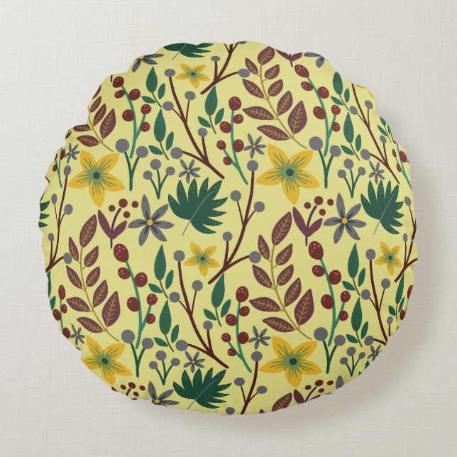 Floral seamless pattern flowers, leaves, branches round pillow (Front)
