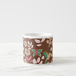 Floral seamless pattern flowers, leaves, butterfly espresso cup