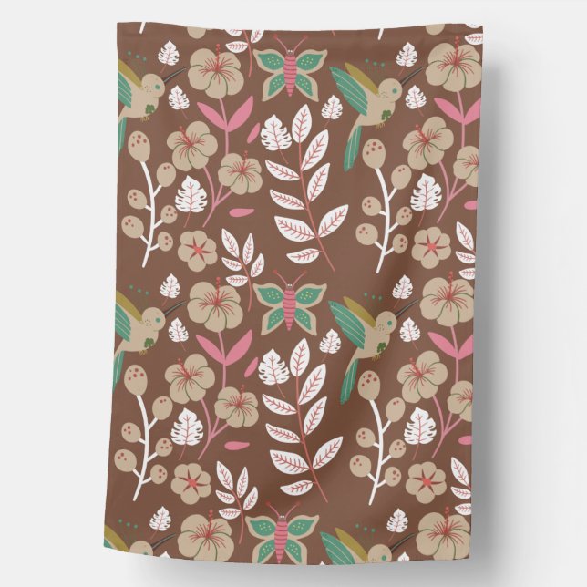 Floral seamless pattern flowers, leaves, butterfly house flag (Front)