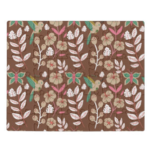 Floral seamless pattern flowers, leaves, butterfly jigsaw puzzle
