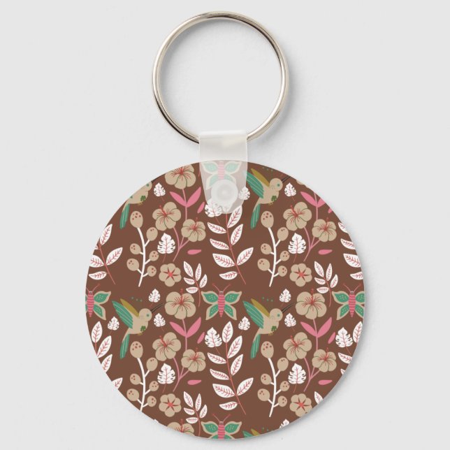 Floral seamless pattern flowers, leaves, butterfly keychain (Front)