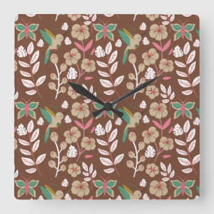 Floral seamless pattern flowers, leaves, butterfly square wall clock