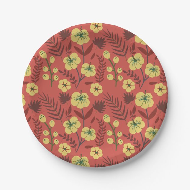 Floral seamless pattern flowers yellow and red paper plates (Front)