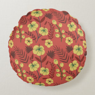 Floral seamless pattern flowers yellow and red round pillow