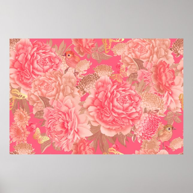 Floral seamless pattern. Garden flowers pink peoni Poster (Front)
