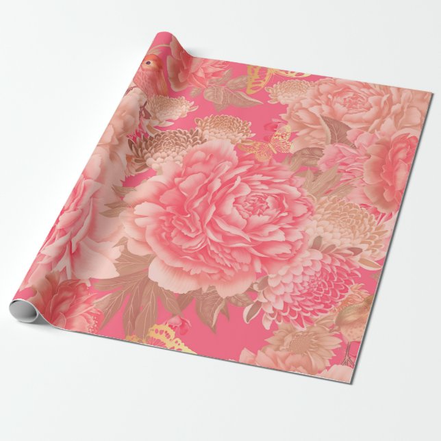 Floral seamless pattern. Garden flowers pink peoni Wrapping Paper (Unrolled)