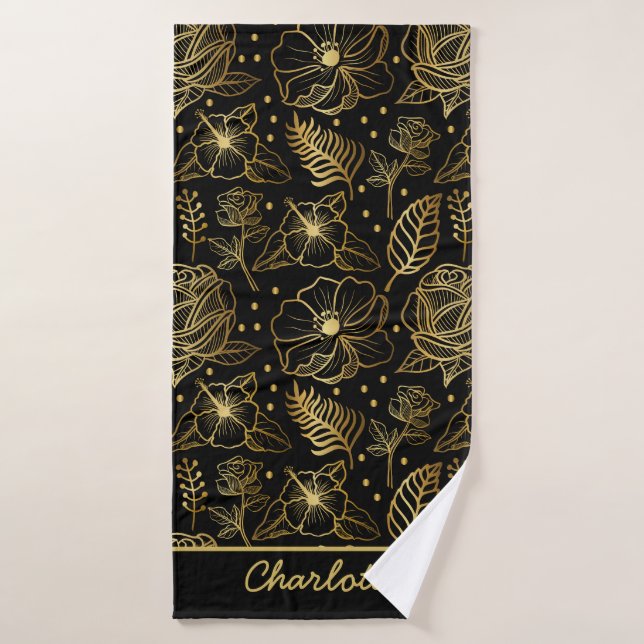 Floral seamless pattern gold personalized name  bath towel (Bath Towel)