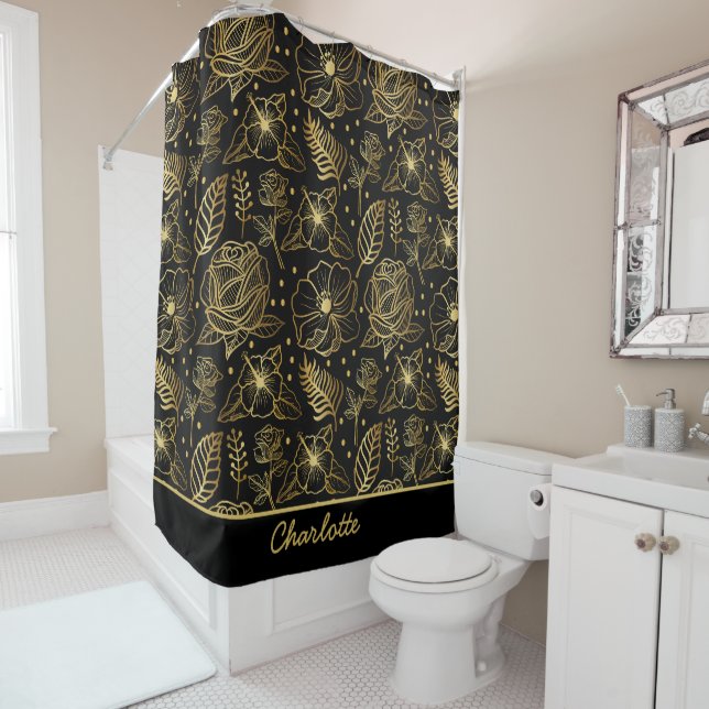 Floral seamless pattern gold personalized name shower curtain (In Situ)