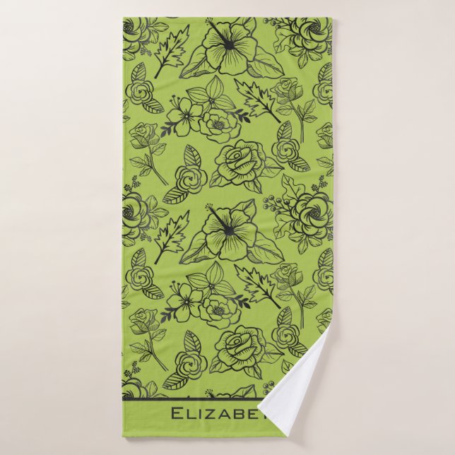 Floral seamless pattern green bg personalized name bath towel (Bath Towel)