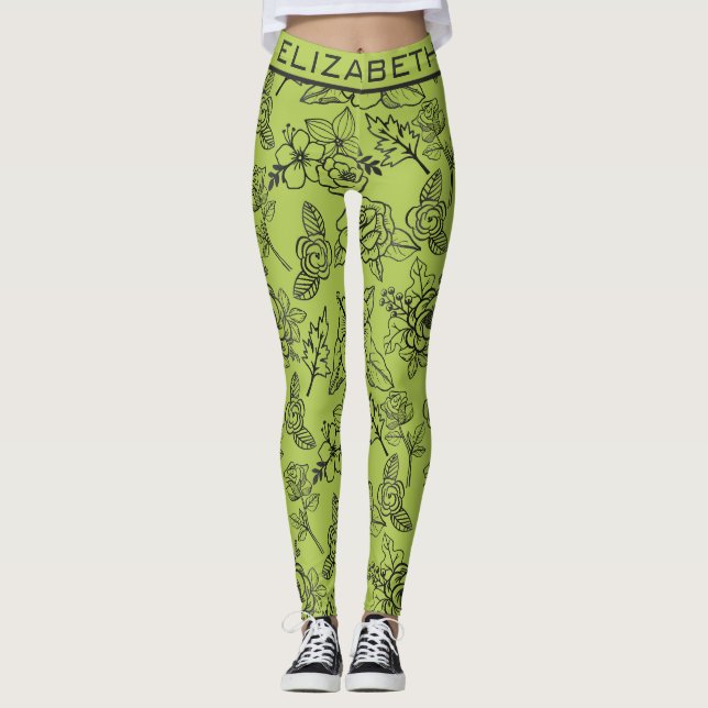 Floral seamless pattern green bg personalized name leggings (Front)