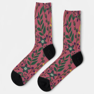 Floral seamless pattern pink flowers leaves branch socks
