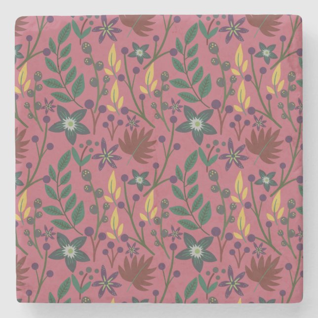 Floral seamless pattern pink flowers leaves branch stone coaster (Front)