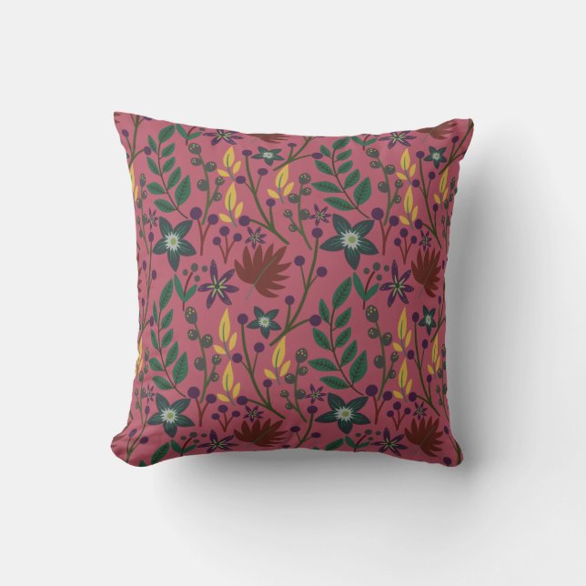 Floral seamless pattern pink flowers leaves branch throw pillow (Front)