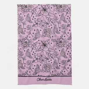 Floral seamless pattern purple personalized name  kitchen towel