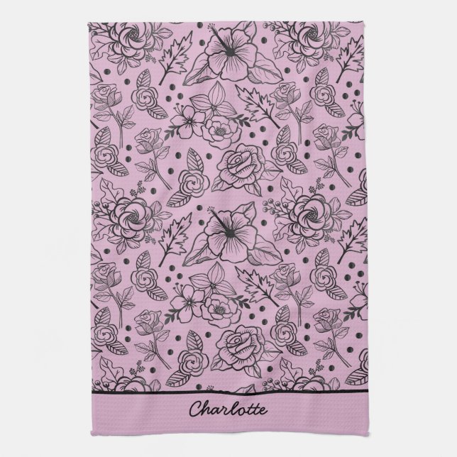 Floral seamless pattern purple personalized name  kitchen towel (Vertical)