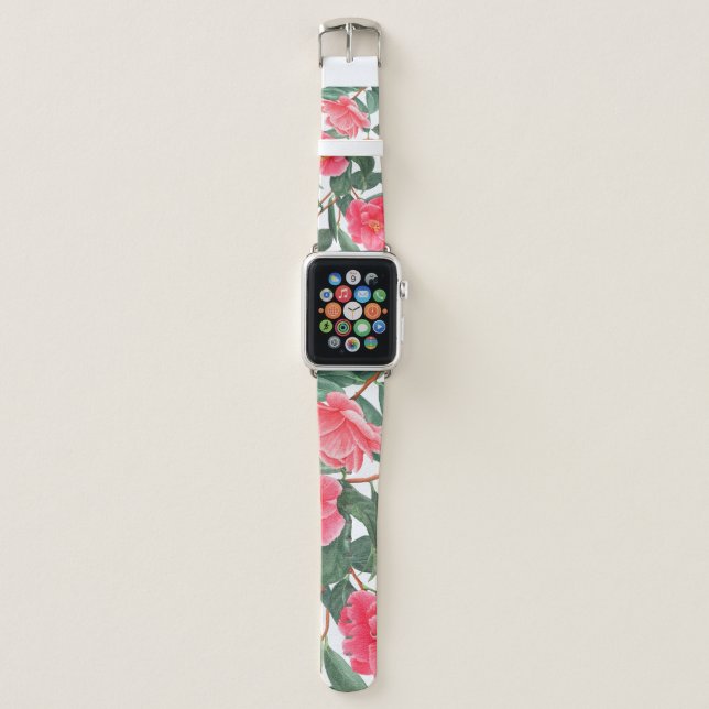 Floral seamless pattern, red camellia flowers with apple watch band (Front)