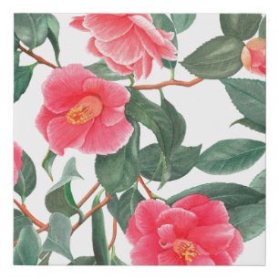 Floral seamless pattern, red camellia flowers with faux canvas print