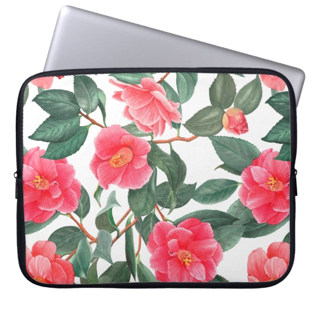 Floral seamless pattern, red camellia flowers with laptop sleeve (Front)