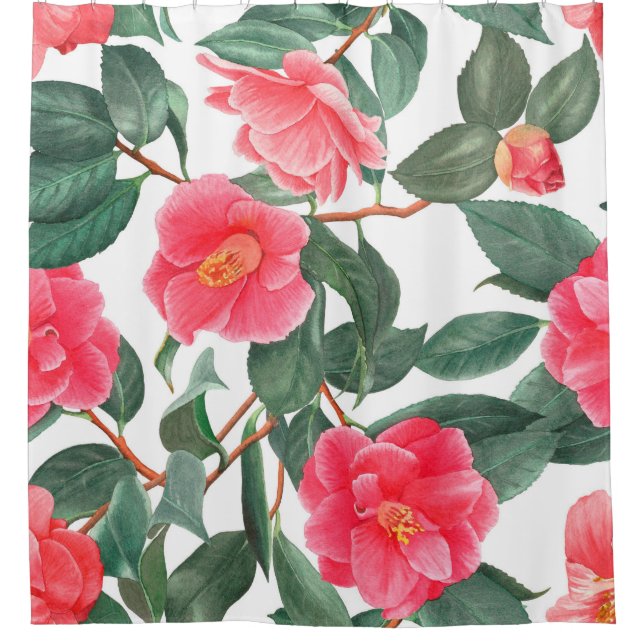 Floral seamless pattern, red camellia flowers with shower curtain (Front)