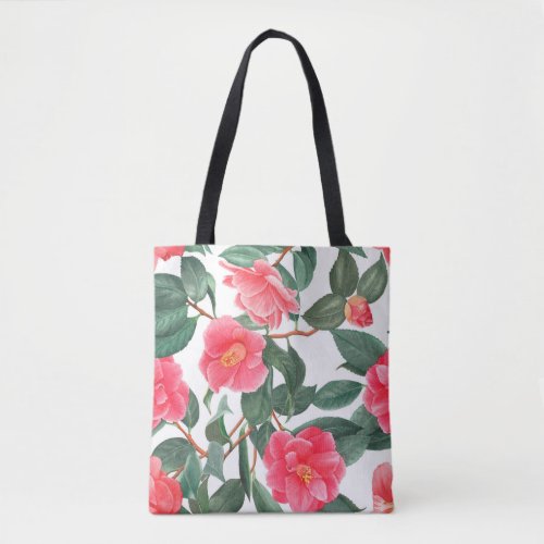 Floral seamless pattern red camellia flowers with tote bag