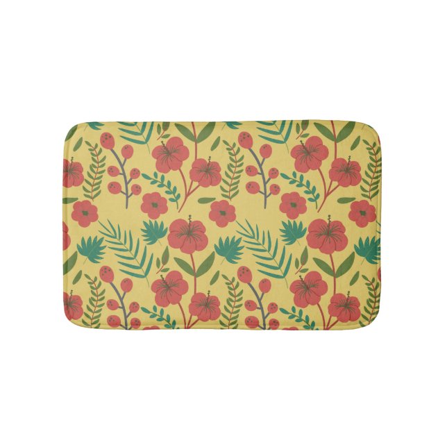 Floral seamless pattern red yellow green flowers bath mat (Front)