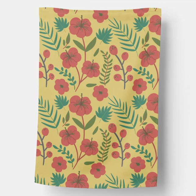 Floral seamless pattern red yellow green flowers house flag (Front)
