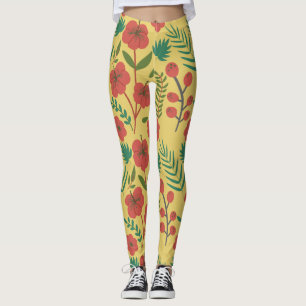 Floral seamless pattern red yellow green flowers leggings