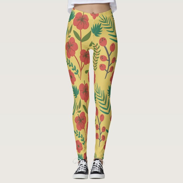 Floral seamless pattern red yellow green flowers leggings (Front)