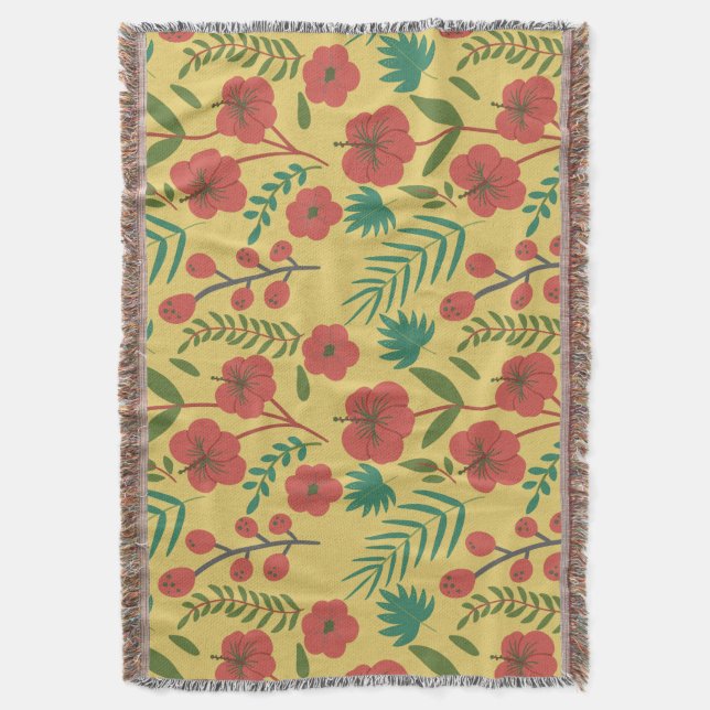 Floral seamless pattern red yellow green flowers throw blanket (Front Vertical)